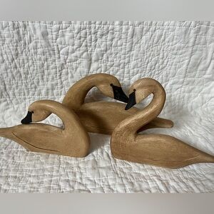 x3 James Haddon Wooden Swan Figures Signed Flat Light Wood Vtg Duck Goose Carved